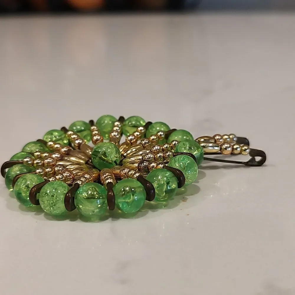 Vintage Safety Pin Art Green and Gold Bead Pendant/Brooch